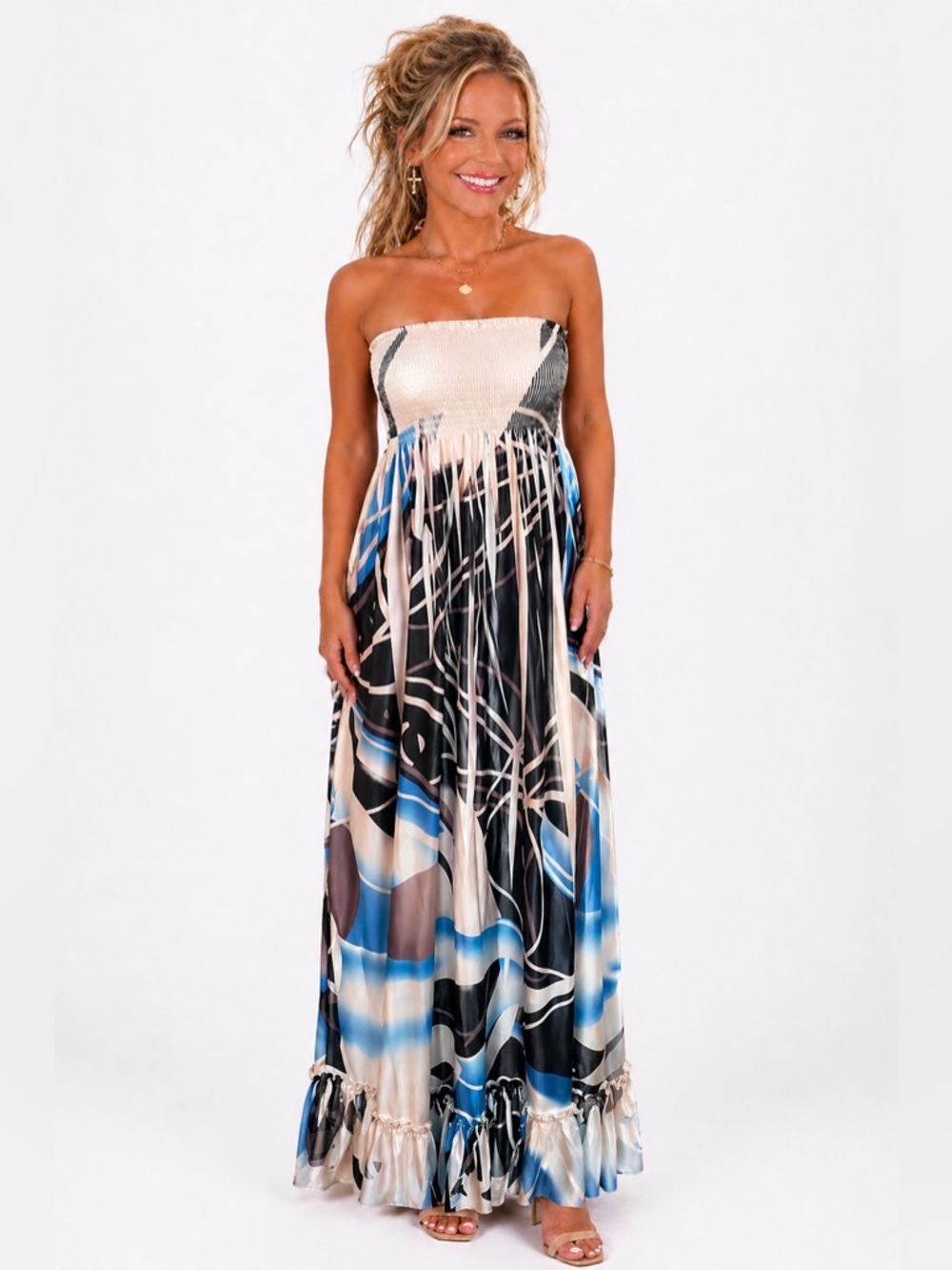 Belize Strapless Maxi Dress | Abstract Print | Flowy Boho Chic | SIZE SMALL